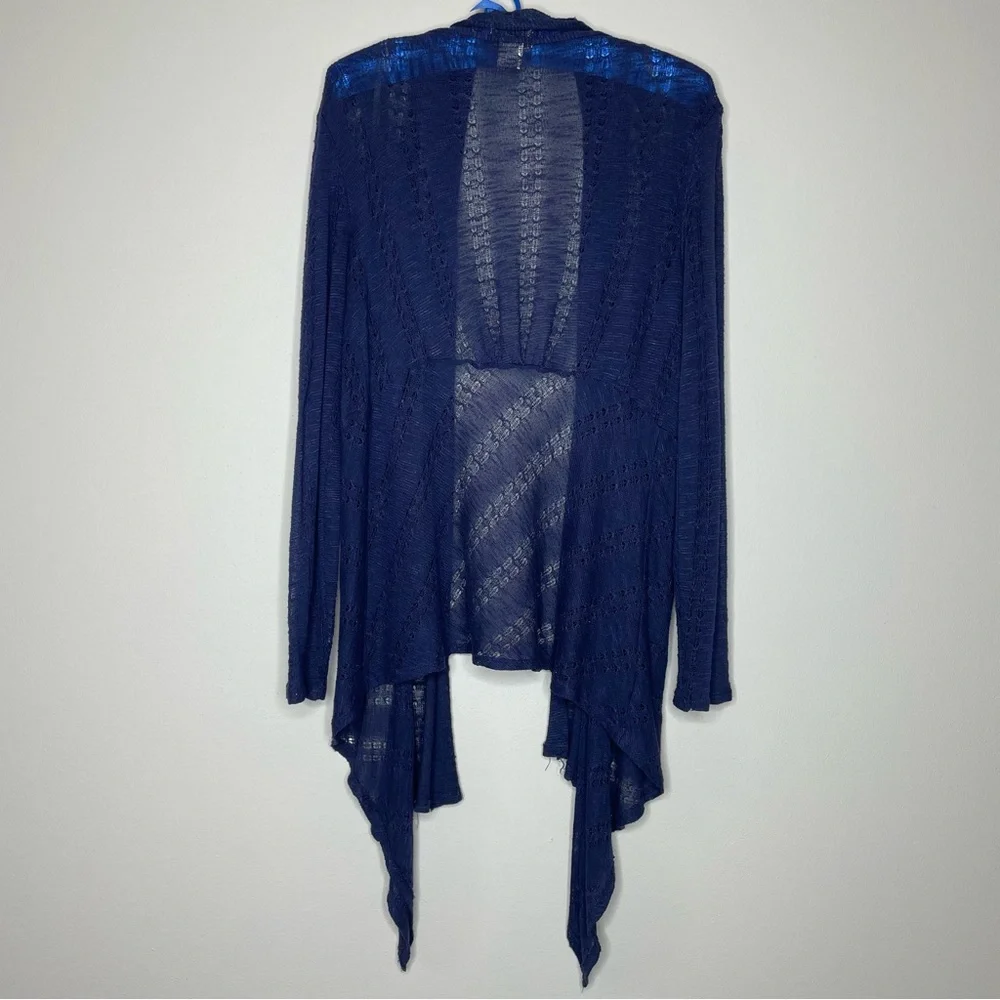 Deep Blue Open-Front Lightweight Cardigan Waterfall Edge Open-Work Knit - Picture 2 of 6